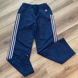 Adidas Kids Girl’s 14 Navy Blue Work Out Athletic Pants White & Purple Stripes